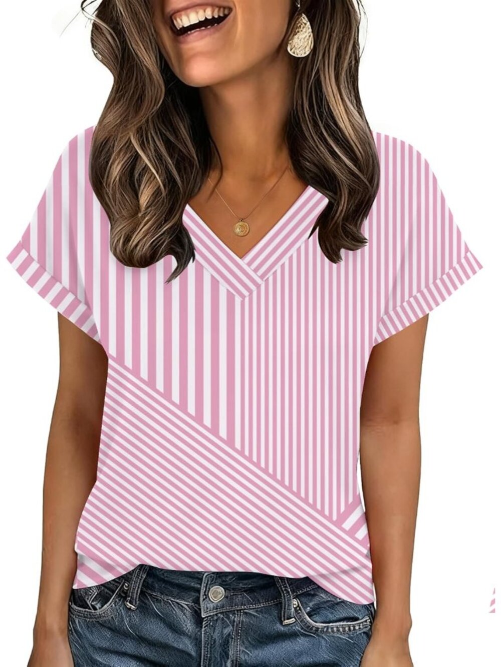 Women's Pink Stripes Short Sleeve V Neck Basic Tees Shirts Casual Tops Blouses